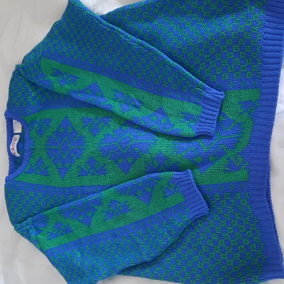 Vintage Kaos Blue and Green Aztec Shimmery Patterned Large Women's Sweater - Picture 4 of 6